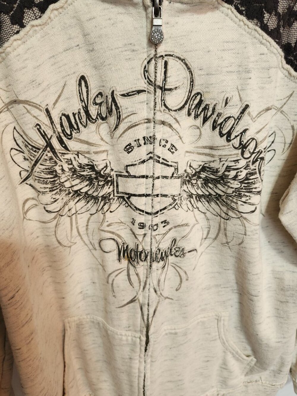 White Gray Washout Lace Harley-Davidson Zip Up Hoodie - Picture 2 of 7
